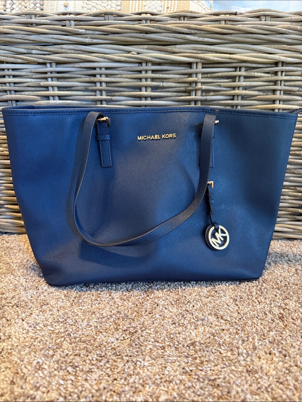 Michael Kors Navy Saffiano Leather Tote with MK Charm